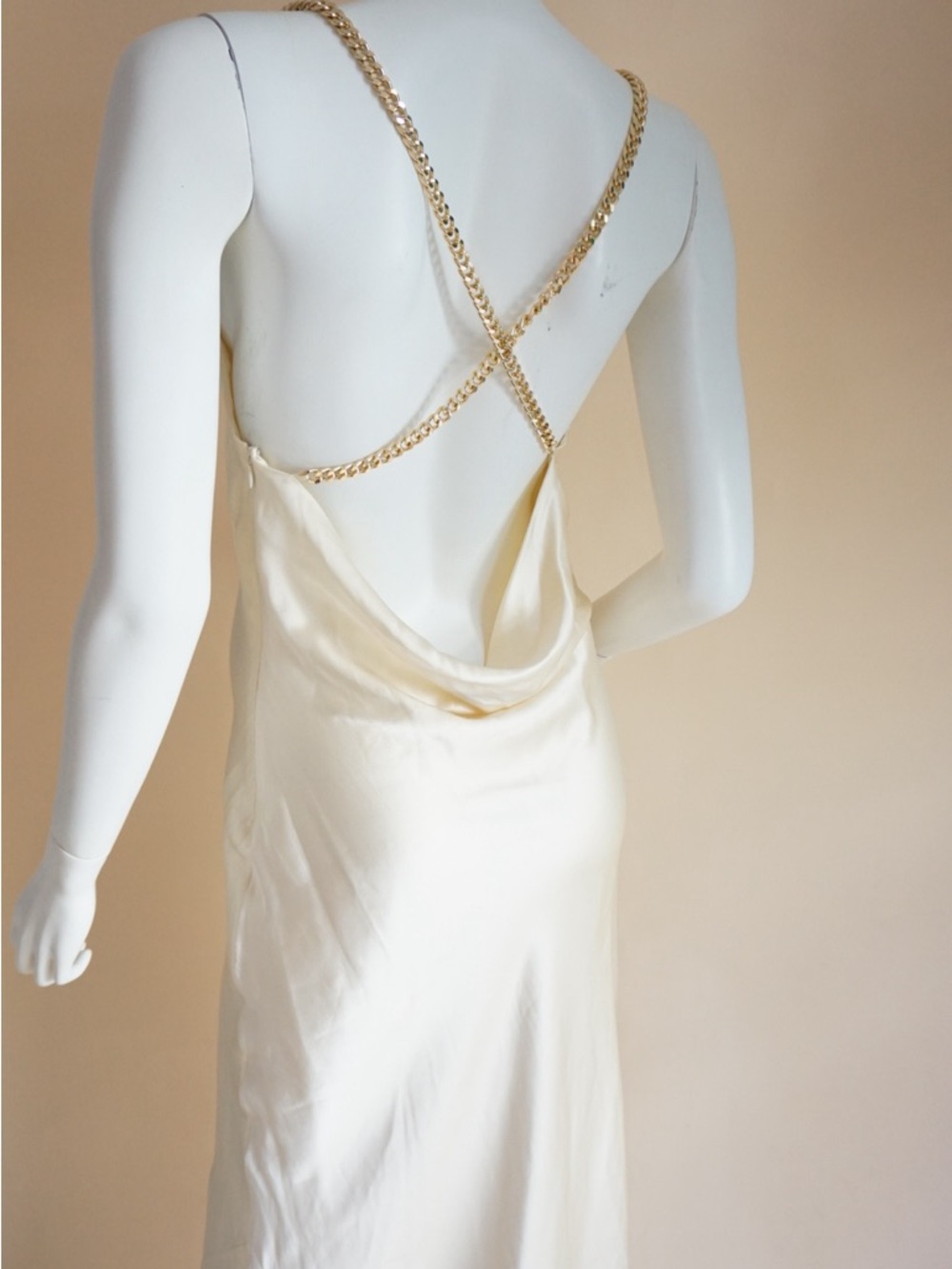 Aiifos Silk Ivory Chain Strap Backless Slip Dress - Small
